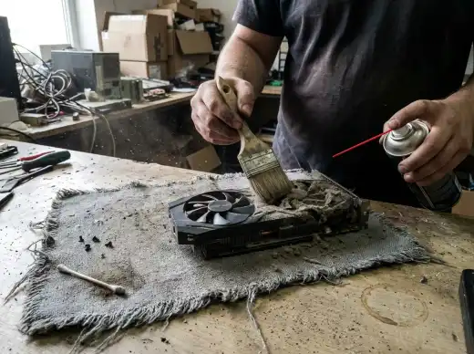 Técnico tirando a poeira de uma placa de vídeo com pincel e ar comprimido
