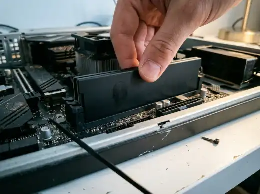 Dedos encaixando um pente de memória na placa-mãe de um PC aberto