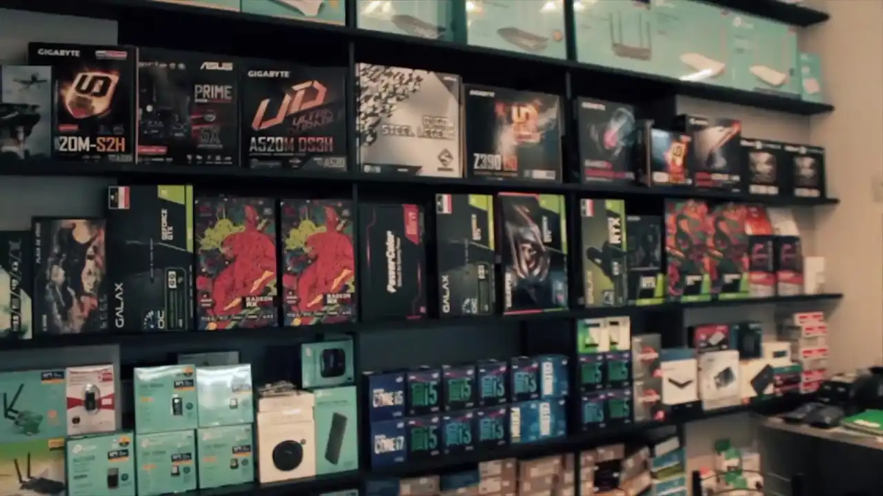 Parede da loja forrada de caixas de placas-mãe, headsets e acessórios